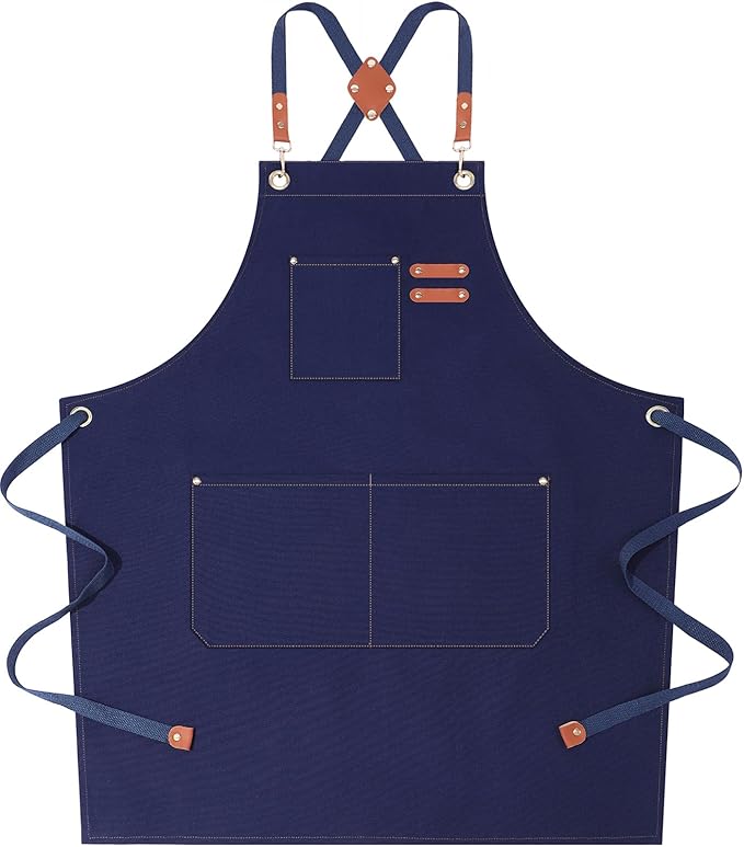 AFUN Chef Aprons for Women Men with Large Pockets, Cotton Canvas Cross Back Water Repellent Work Apron, Size M to XXL (Darkblue)