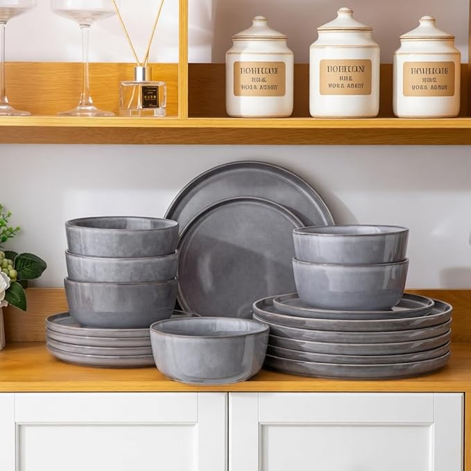 AmorArc Stoneware Dinnerware Sets,Round Reactive Ceramic Plates and Bowls Sets,Highly Scrath Resistant | Dishwasher & Microwave Safe Dishes,Service for 6 (18pc)