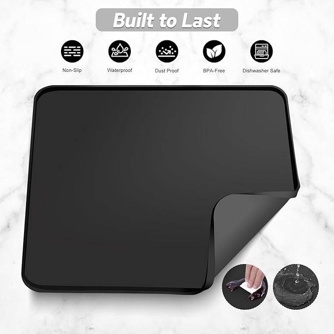 Silicone Coffee Mat,16"×16" Waterproof Heat Resistant Bar Mat for Espresso Machine Station Accessories,Non Slip Dish Drying Mat for Kitchen Counter,Home Decor Essentials,Black