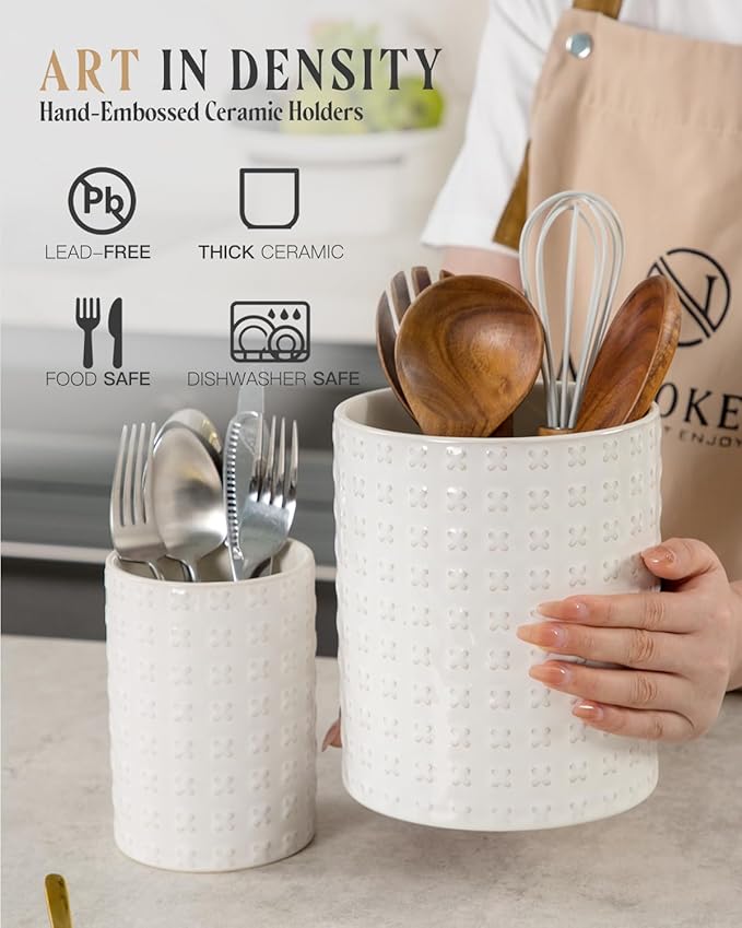 Dual Sizes Utensil Holder - 7.2"+5.4" Ceramic Utensil Holder for Kitchen Counter, Large Utensil Crock, Cooking Utensils Organizer for Spatula, Farmhouse Embossed Vase for Housewarming, Kitchen Decor