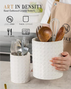 Dual Sizes Utensil Holder - 7.2"+5.4" Ceramic Utensil Holder for Kitchen Counter, Large Utensil Crock, Cooking Utensils Organizer for Spatula, Farmhouse Embossed Vase for Housewarming, Kitchen Decor