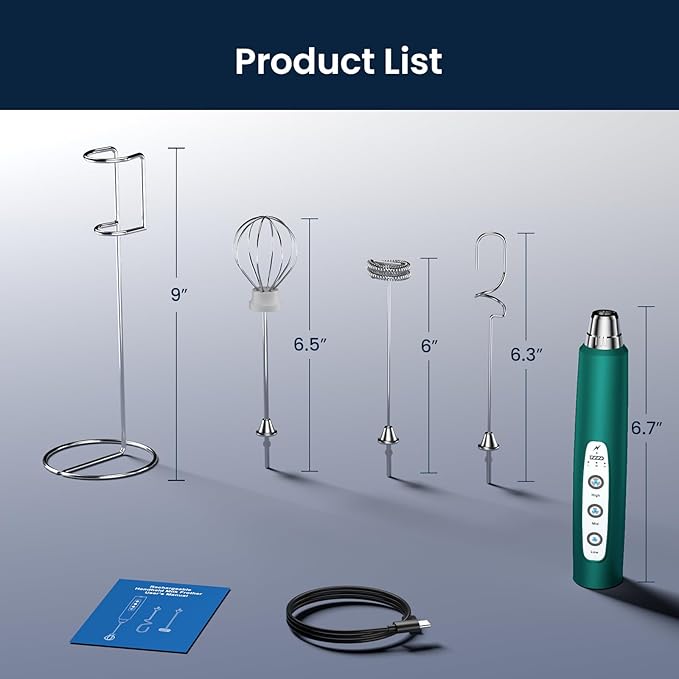 Milk Frother with Stand-Rechargeable Handheld Coffee Frother with 3 Stainless Whisks 3 Speed Adjustable, Electric Whisk Drink Mixer, Foam Maker Blender for Matcha Latte Cappuccino Chocolate