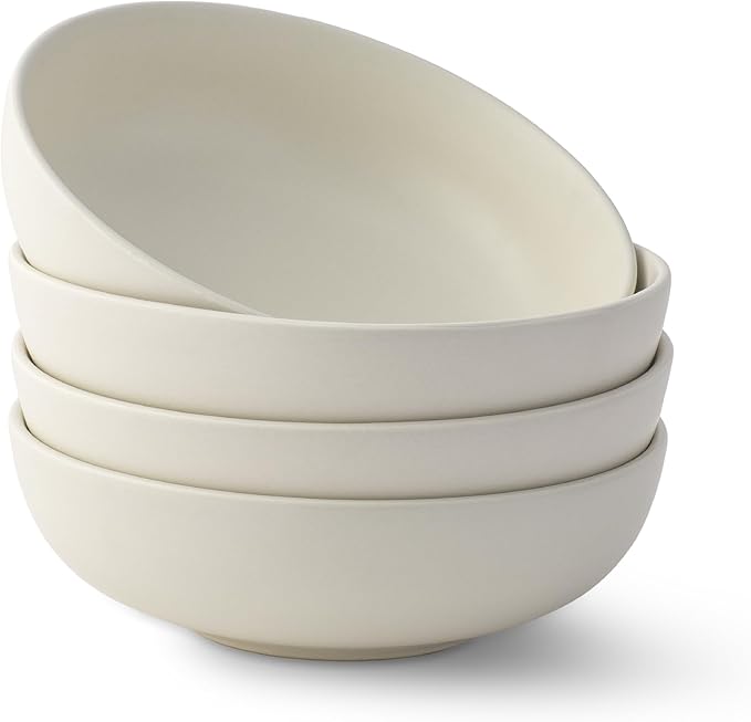 JoyJolt Mesa 30oz Stoneware Pasta Bowls Set of 4, Salad and Serving Bowl for Kitchen, Oatmeal, Soup, Dinner - Matte Linen White, Dishwasher and Microwave Safe, Wide and Shallow Plate
