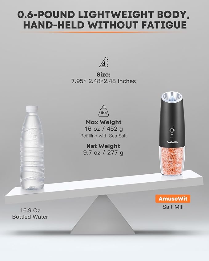 AmuseWit Gravity Electric Salt and Pepper Grinder Set [White Light] USB Rechargeable Automatic Pepper and Salt Mills,Adjustable Coarseness,One-Handed Operation,Matte Black