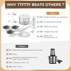 Glass Food Processor with 3 Blades & 4 Bowls (8 Cup + 3x0.5 Cup), Small Food Processor& Meat Grinder - Compact Design for Meal Prep, Baby Food, Sauces - Dishwasher Safe