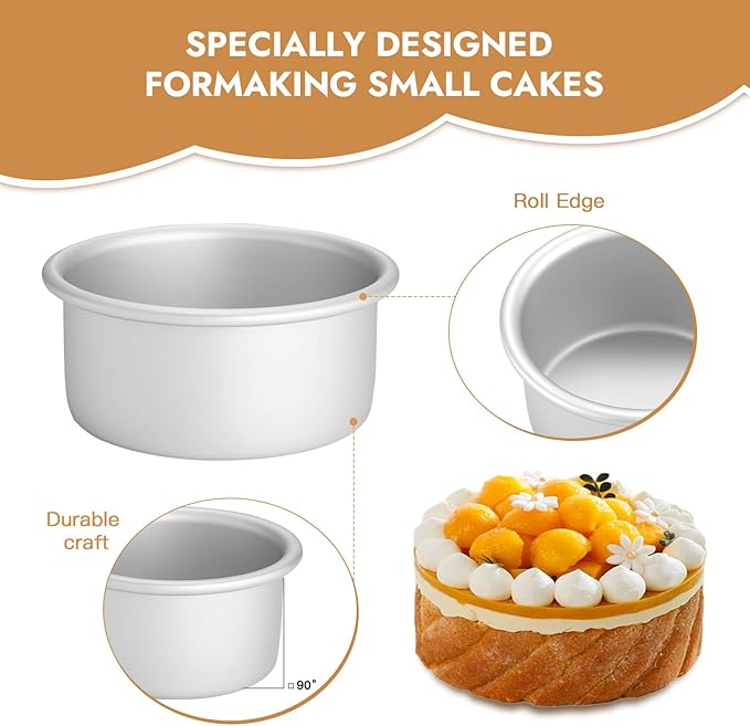 CURTA 6 Inch Round Cake Pan, 6x3 inch 3 Set Anodized Aluminum Round Baking Pan, Small Cake Pan Non-Toxic & Heavy Duty, Deep Side, Easy Clean & Dishwasher Safe