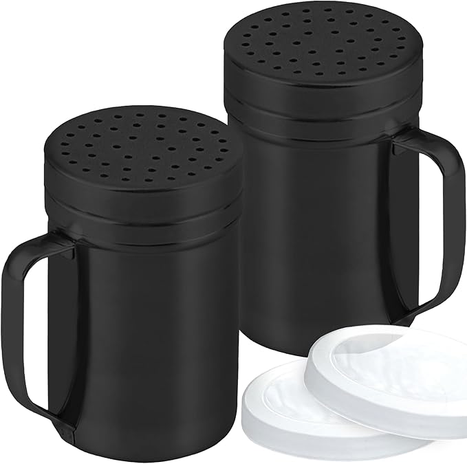 CUSINIUM 14oz Black Stainless Steel Salt Pepper Dredge Shakers - With Plastic Cap - With Handle - Pack of 2