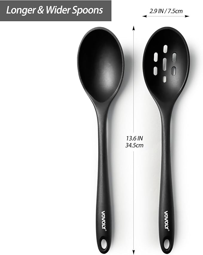 Silicone Spoons for Cooking - Extra Large Kitchen Spoons for Mixing, Serving, & Stirring - 600°F Heat-Resistant Non Stick Utensils Ladle & Skimmer- Dishwasher Safe, Black