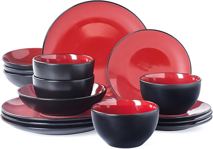 Plates and Bowls Sets for 4 - CJDC-QUELO 16-Piece Stoneware Dinnerware Sets, Ceramic Dishware Set for Indoor Kitchen Use and Formal Dining, Chip and Scratch Resistant Microwave Dishwasher Safe, Red
