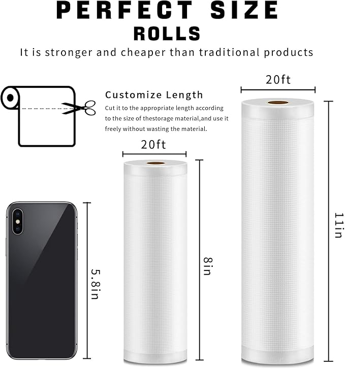 Vacuum Sealer Bags for Food,11"x20'(3 Rolls) and 8"x20'(3 Rolls) Commercial Grade Vacuum Seal Roll Bags,Food Saver Bags for Sous Vide Cooking,Meal Prep and Food Storage,BPA Free