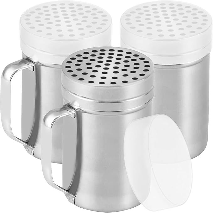 CUSINIUM 14oz Metal Parmesan Cheese Shakers with Large Holes - With Handle - Chili Flakes Dispensers - Pizza Shakers - Pack of 3 | Style: Coarse