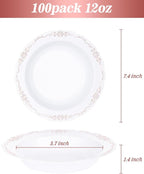 100 Pack White Plastic Bowls with Rose Gold Rim, 12oz Plastic Dessert Bowl, Bowls Disposable Heavy Duty for Hot Soup, Dessert, Salad, Cake, Ice Cream, Fruit