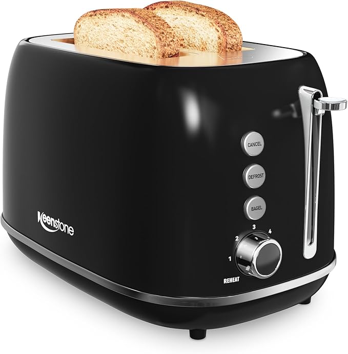 Retro Stainless Steel 2 Slice Toaster - Bagel, Cancel, Defrost Functions, 6 Shade Settings, Extra Wide Slot, Removable Crumb Tray (Black)