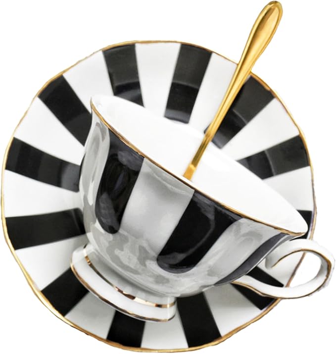 3-Piece Checkered Coffee Cup and Saucer Set with Spoon, 7oz Bone China Porcelain, Black-and-White Vintage Mug Set for Home Office and Afternoon Tea, Elegant Gift Choice