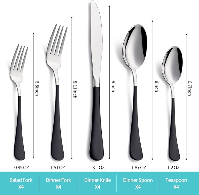 20-Piece Black Silverware Set for 4, 18/0 Stainless Steel Flatware Cutlery Utensils Set, Include Dinner Knives,Dinner Forks,Dinner Spoons,Salad Forks,Teaspoons, Elegant Gift，Dishwasher Safe