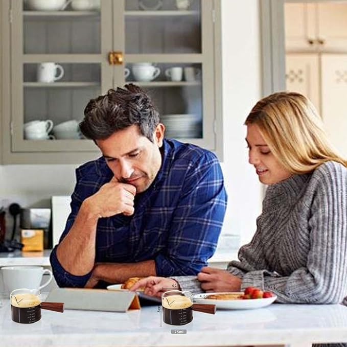 1 Pack Double Spouts Measuring Triple Pitcher Milk Cup with Wood Handle 75ML Espresso Shot Glasses Parts Clear Glass By BCnmviku