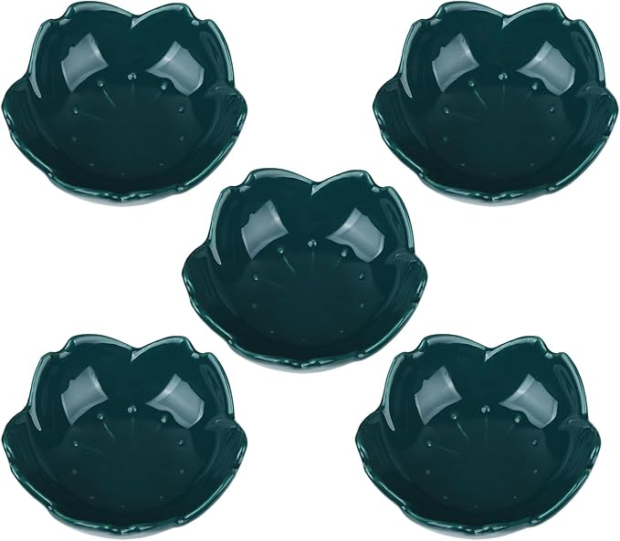 WHJY Dark Green Cherry Blossom Dish Set, Cute Pink Ceramic Plates, Sauce/Seasoning Dish, Sushi Dishes, Soy Dipping Bowl, Dessert, Appetizer Plates, Serving Dish for Kitchen Home – Set of 5