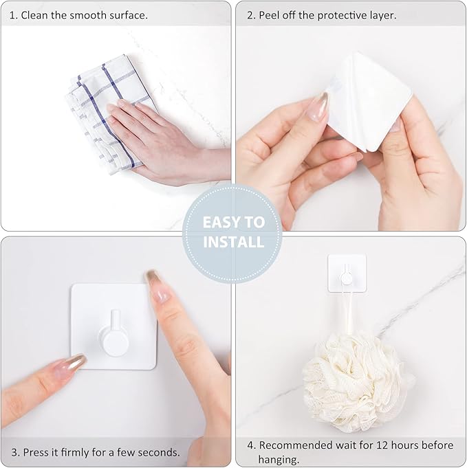 VIS'V Adhesive Towel Hooks, Waterproof Shower Wall Stick on Hooks, 2 Extra Adhesive Strips, White, 4 Pcs