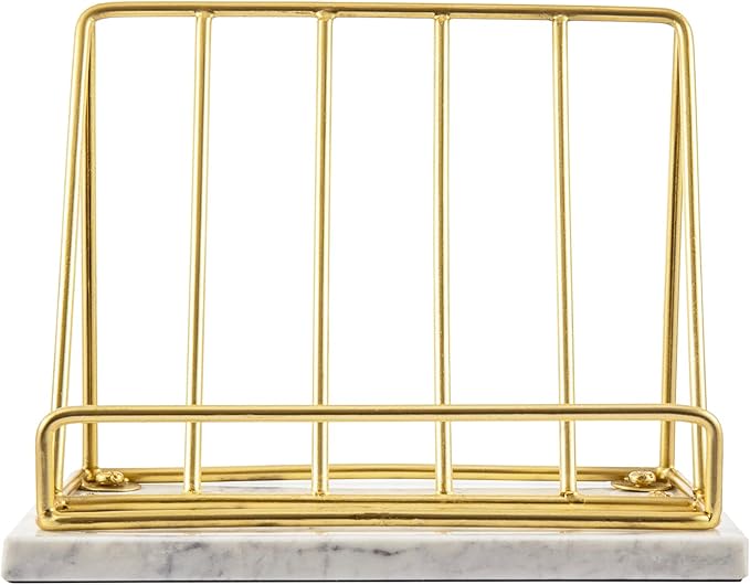 MyGift Modern Brass Metal Wire and White Marble Kitchen Cookbook Stand - Countertop Recipe Book and Tablet Holder - Handcrafted in India