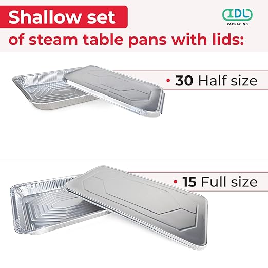 IDL Packaging Aluminum Foil Pans with Lids, Shallow - 45 pc Chafing Dish Set - 15 Full Size and 30 Half Size Steam Table Pans + Lids - Disposable Cookware for Catering, Buffet, Party, BBQ