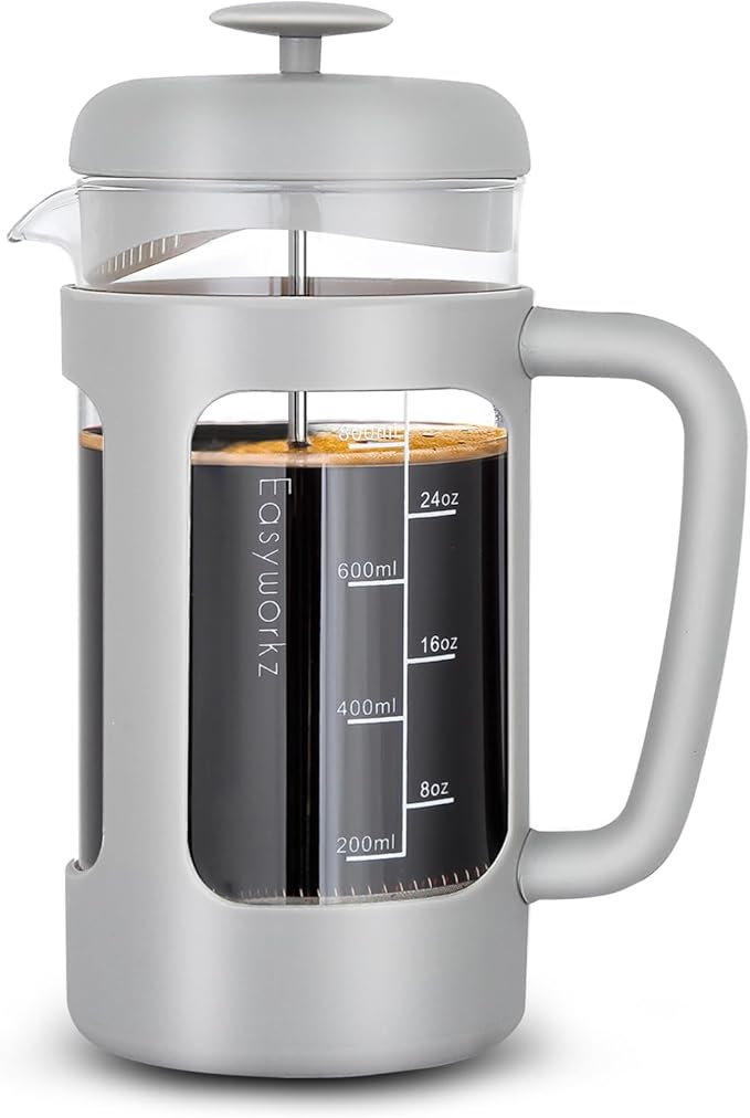 Easyworkz French Press 34 oz Coffee Tea Maker with Borosilicate Glass,Soft Grip Handle,Light Grey