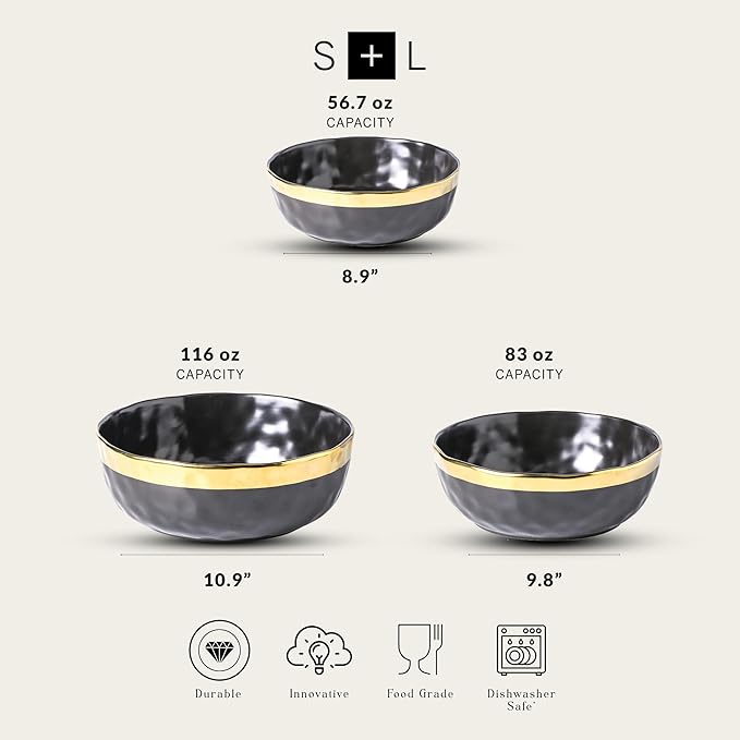 Stone Lain Florian Porcelain 3-Piece Round Bowl Service Set, Black with Gold Rim