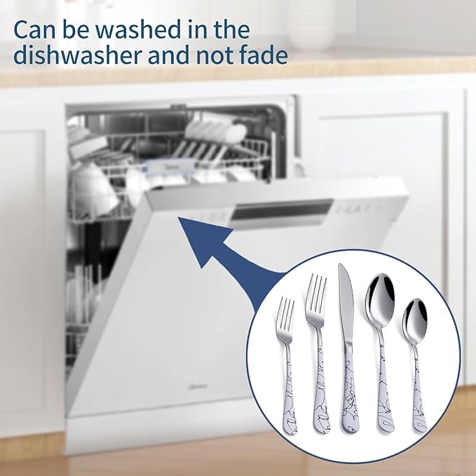 20-Piece White Silverware Set with White Handle 18/0 Stainless Steel Flatware Marbling Handle Cutlery Black Service for 4 Dinner Knives Forks Spoons Set Finish Dishwasher Safe