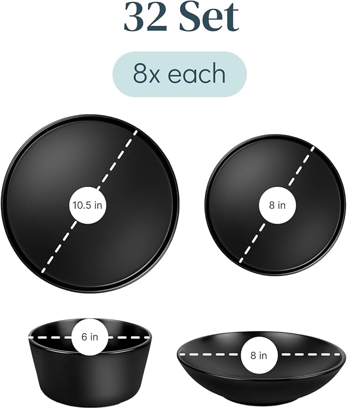 Stoneware dinnerware set 8 persons 32 pcs – Matte black style plates and bowls set – Dishwasher and microwave safe – Bowl and plate set – Dinner service Pure Living Interior Design