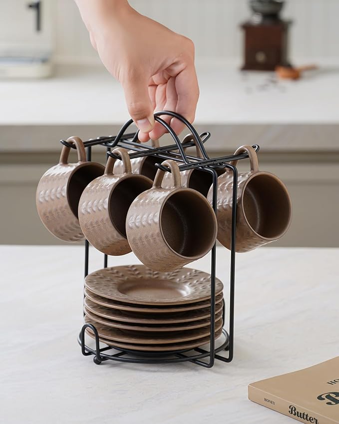 Espresso Cups Set, 4 Oz Porcelain Coffee Cups with Saucer and Metal Stand Small Cappuccino Cups Set of 6 Demitasse Cups for Espresso, Latte, Cafe Mocha, Cappuccino, and Tea, Brown