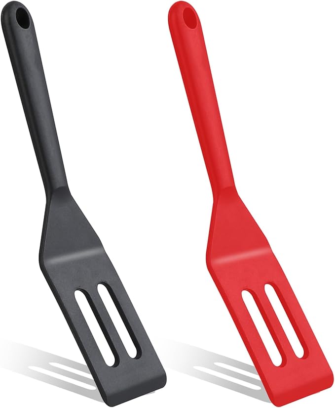 2 Pack Silicone Egg Spatula Flipper Thin 9.8 Inch Black Small Omelette Turner Heat Resistant Non Stick Pancake Spatula for Cooking Omelet Burgers Pizza Steak Crepes