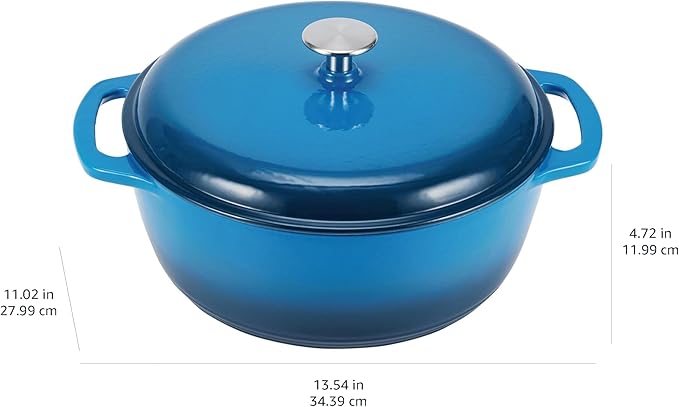 Amazon Basics Cast Iron Dutch Oven Pot with Lid, Enameled, Round, Dual Handles, Heavy-Duty, Medium, 6-Quart, Blue