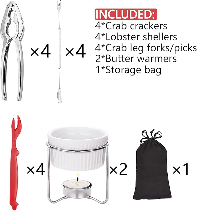 Crab Crackers and Tools set of 4, 14 PCS Lobster Crackers and Picks Set with 4 Crab Leg Crackers, 4 Crab Forks, 4 Lobster Shellers, 2 Butter Warmers