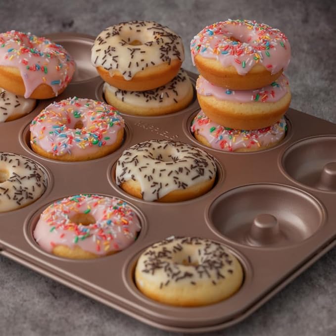12 Well Donut Pan Nonstick, Non Toxic PFOA & BPA Free Donuts Mold for Baking, Doughnut Tin for Oven, Doughnuts Pans and Molds Non Stick Nontoxic, Baking Tray Pans & Trays without Teflon