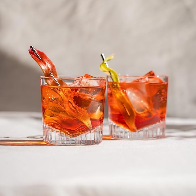 NUDE Whiskey Glasses Set of 4 – Caldera 11 oz Lead-Free Crystal Old Fashioned Rocks Glasses for Whisky, Scotch & Bourbon – V-Shape Motif Base, Dishwasher Safe Barware