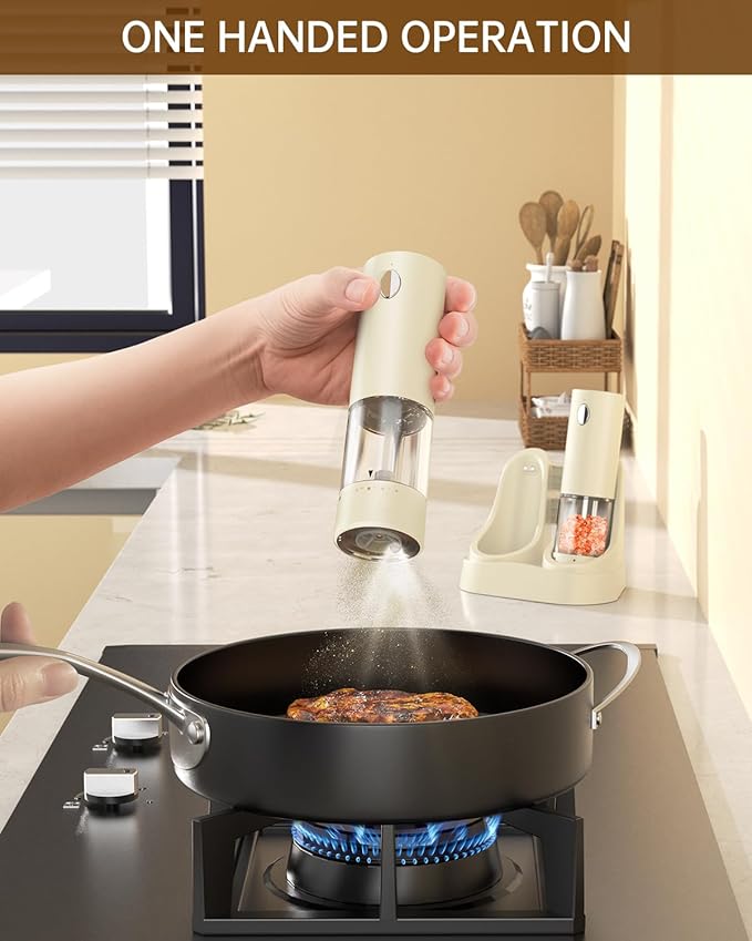 CIRCLE JOY Electric Salt and Pepper Grinder Set Automatic Salt and Pepper Grinder Set with Easy-to-Carry Charging Base and LED Light, USB Rechargeable, External Adjustable Coarseness, Light Yellow