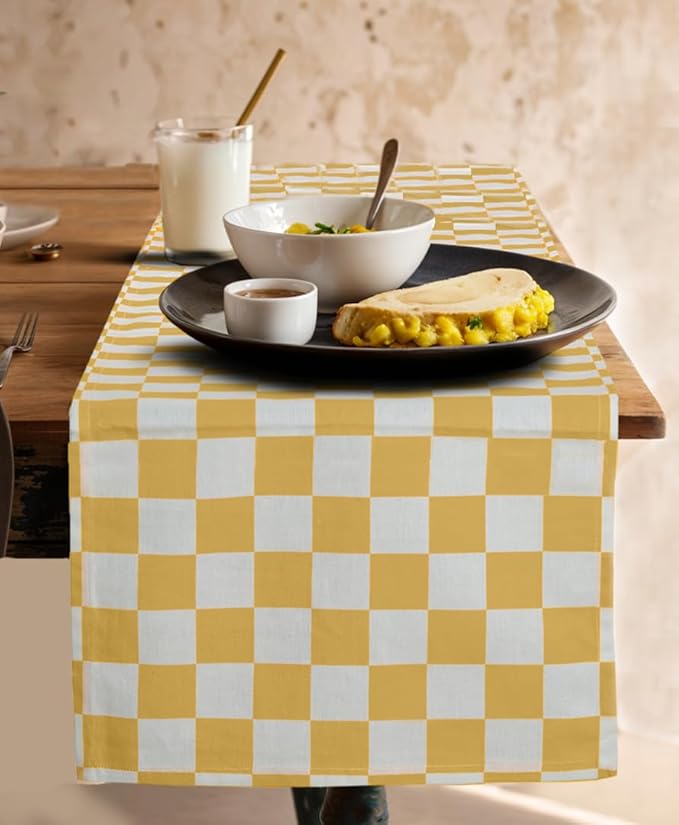 Folkulture Table Runner | Table Runners 108 inches Long | Checkered Table Runner for Farmhouse Decor or Boho Decor | Yellow Table Runners for Dining Room Table Decor | Table Decorations for Party
