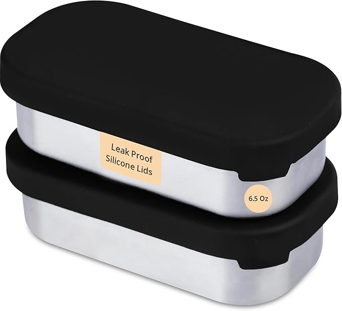 Flexibento - 2 x 6.5 oz | Leak proof | Small Stainless steel Snack Containers with Silicone lids|Dip, snacks, condimenrs | Plastic and BPA free | Metal Lunch box | Black (set of 2)