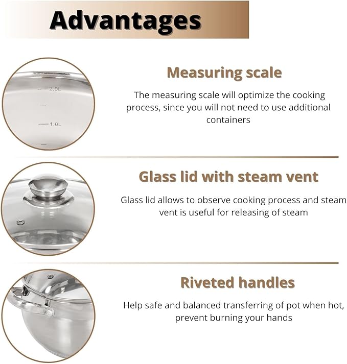 Daniks Classic 6 Quart Stainless Steel Stock Pot with Glass Lid, Tri-Ply Bottom for Even Heating, Induction Compatible, Dishwasher Safe