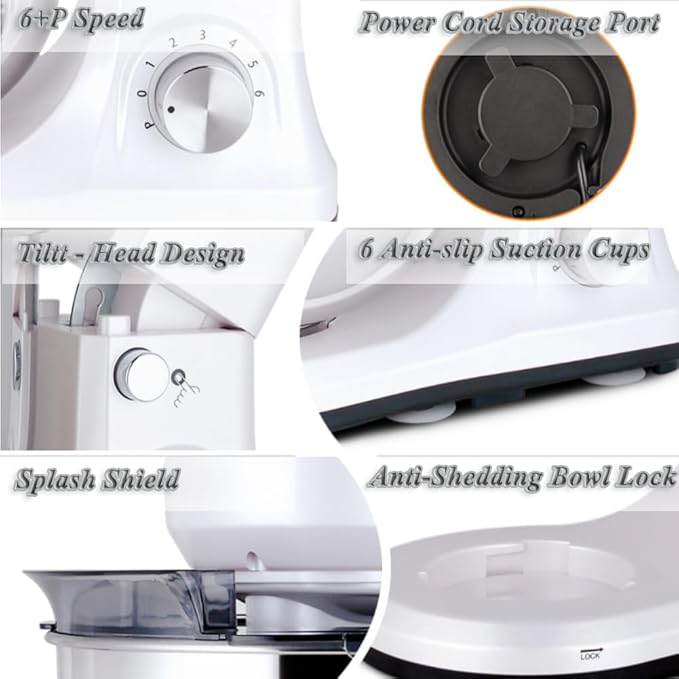 Stand Mixer 5-QT, 6+P Speed Tilt-Head Food Mixer 300W Dough Mixer with Stainless Steel Bowl,Dough Hook,Flat Beater&Whisk Electric Kitchen Mixer for Household Baking, Anti-Slip(Pearl White)