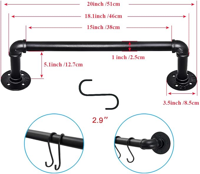 TLBTEK 20 inch Industrial Pipe Clothes Rack,Black Iron Bathroom Kitchen Towel Bar,Vintage Farmhouse DIY Wall Mounted Pot Bar Rack, Detachable Kitchen Utensils Hanger with 8 pcs S Hooks
