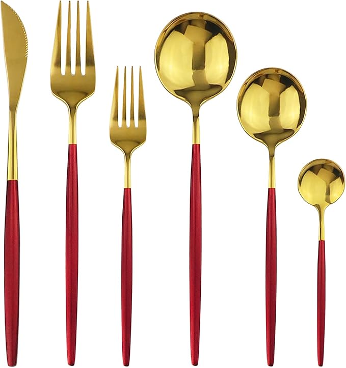 36-Pieces Silverware Mirror Polished Dinnerware Gold Flatware With Red Handle, 18/0 Stainless Steel Cutlery Set For Home Kitchen Party Hotel Restaurant Wedding Service for 6