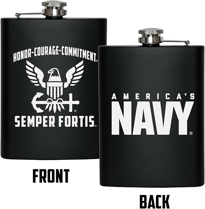 NAVY 8 oz Flask | Stainless Steel Hip Flask for Liquor – Matte Black, Great Gift Idea for Veterans | Navy 8oz Flasks