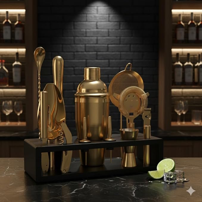 Highball & Chaser Bartender Kit with Espresso Bamboo Stand. Beautiful Cobbler Cocktail Shaker Set with Bar Tools Rustproof Stainless Steel Bar Set (Matte Gold)