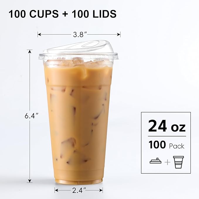 AOZITA 100 Pack 24 oz Disposable Plastic Cups With Strawless Sip-Lids, Clear Plastic Iced Coffee Cups Go for Drinks, Bubble Tea, Cold Beverage - BPA Free