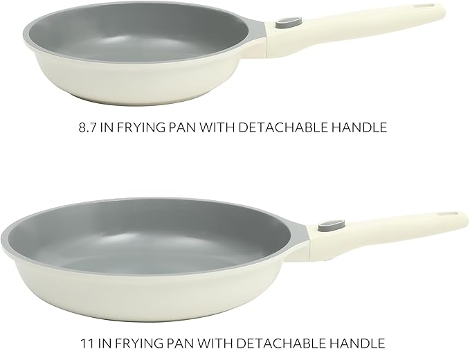 Sur La Table Kitchen Essentials Craft Studio Cast Aluminum Detachable Handle 8 and 10 Inch Skillet Fry Pan Set w/PFA Free Ceramic Non Stick Removable Handle Induction Safe - Eggshell White