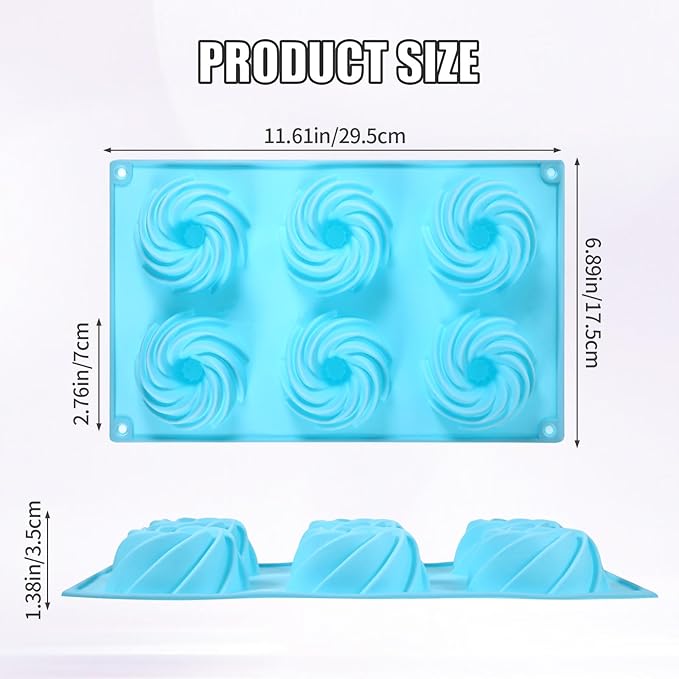 3PCS Mini Bundt Cake Pans for Baking, Non-stick 6 Cavity Silicone Bundt Cake Pan Molds, Multipurpose Molds for Cupcakes Brownies Jellies with Even Heat Transfer Feature for Home Baking(Spiral)
