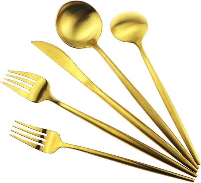 Gugrida Gold Flatware, Royal 20 Piece Luxury Matte Finish 18/10 Stainless Steel Tableware Sets for 4 Including Forks Spoons Knives, Camping Silverware Travel Utensils Set Cutlery (Gold)