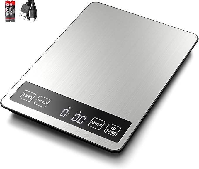 Fuzion Food Scale, 1g/0.1oz Kitchen Scale Grams and Ounces - 22lb, 7 Units, Tare & Timer Functions, Rechargeable Power, Tempered Glass & Stainless Steel - Digital Food Scale for Cooking, Baking