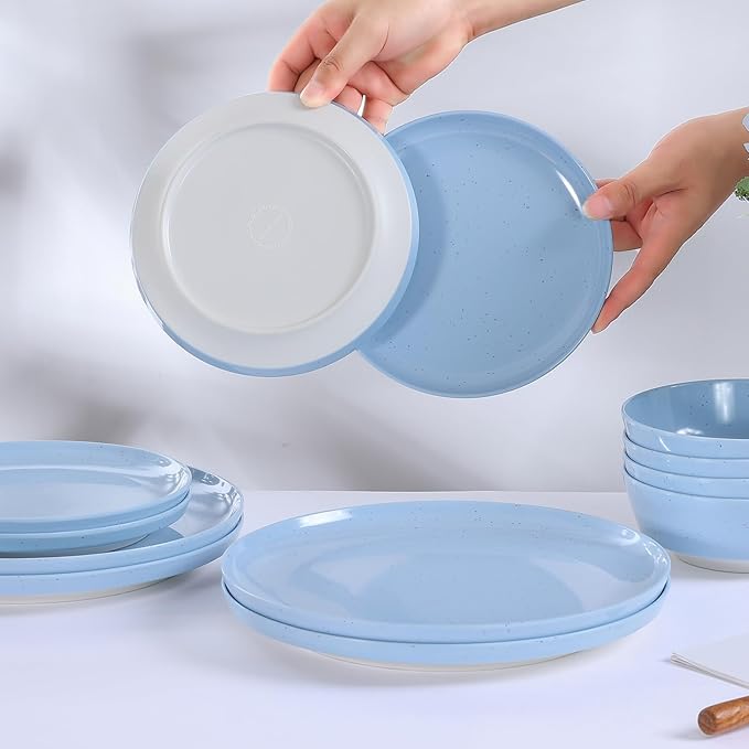 Webbylee 12-Piece Melamine Dinnerware Set - Unbreakable Plates & Bowls Set for 4, BPA-Free Lightweight Kitchen Dishes Idear for Camping, Picnic, Party,Blue & Beige