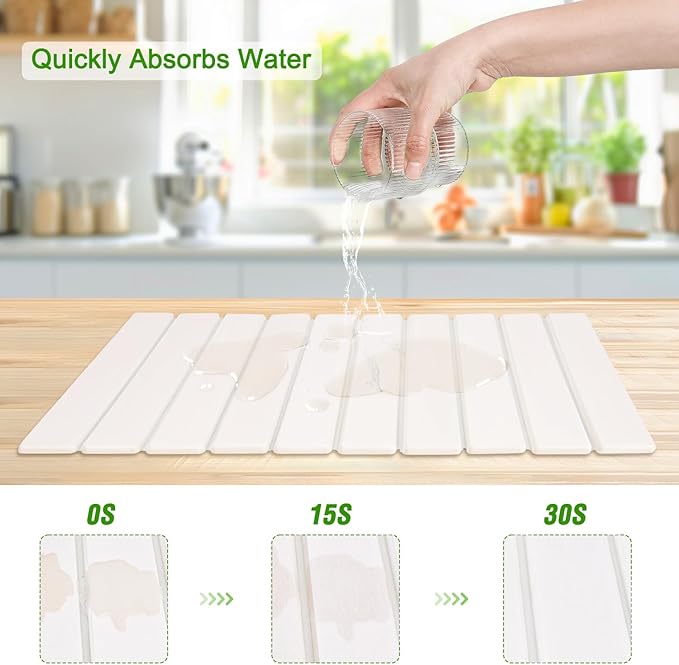 Foldable Stone Dish Drying Mat for Kitchen Counter,24"×16"Fast Dry Pad Absorbent Countertop Mat, Heat-resistant Mat,Diatomaceous Earth Mats,White